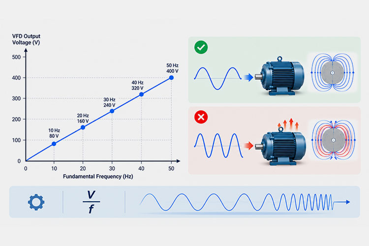 Diagram illustrating VFD V/Hz control curve and its impact on motor magnetic flux, heating, and operating states.