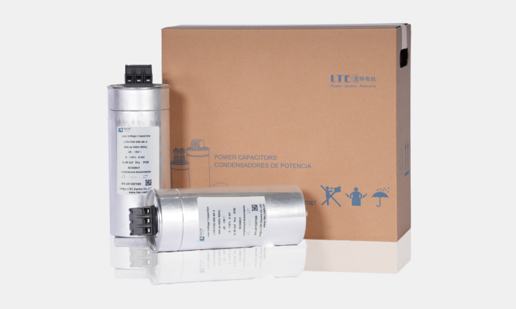 LTEC low-voltage power factor correction capacitors with branded packaging for industrial reactive power compensation.