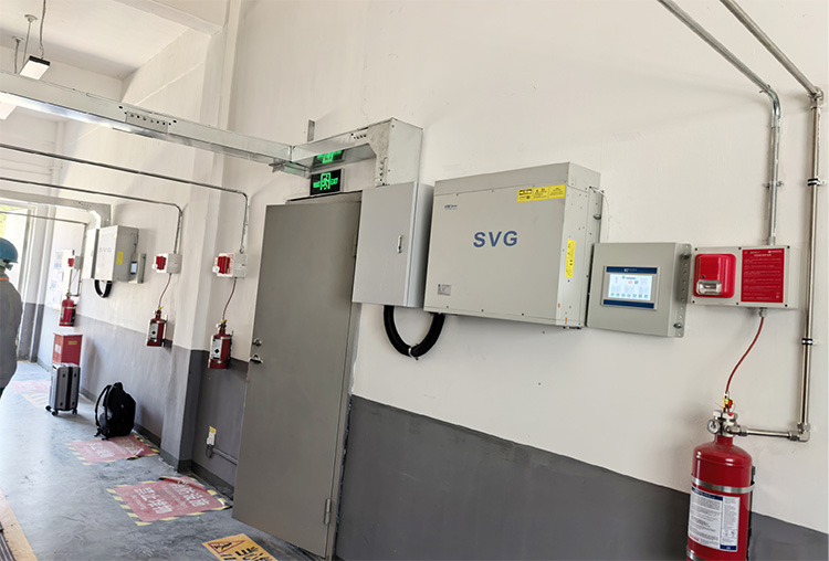 Wall-mounted static var generator (SVG) installed in an industrial electrical facility for reactive power compensation.