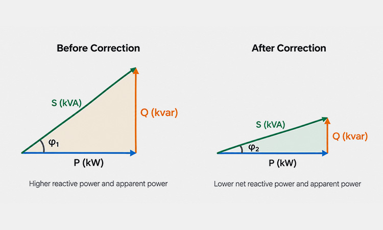 Power triangle before and after power factor correction