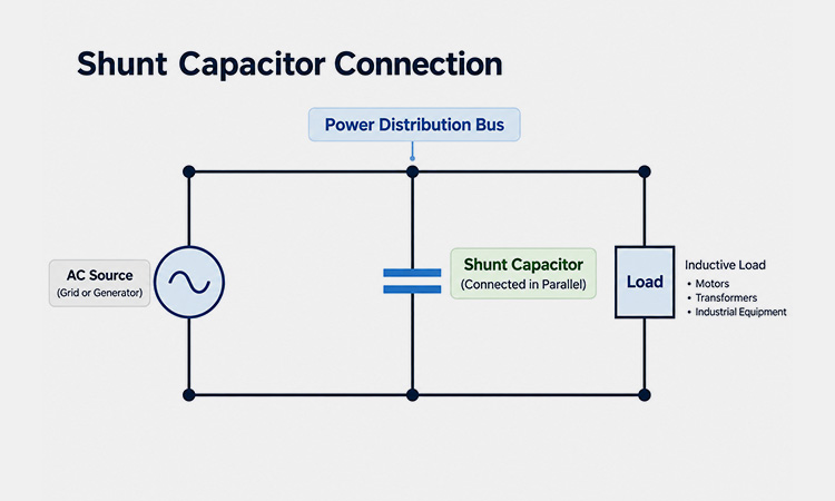 Shunt capacitor connected in parallel with an AC power source and inductive load