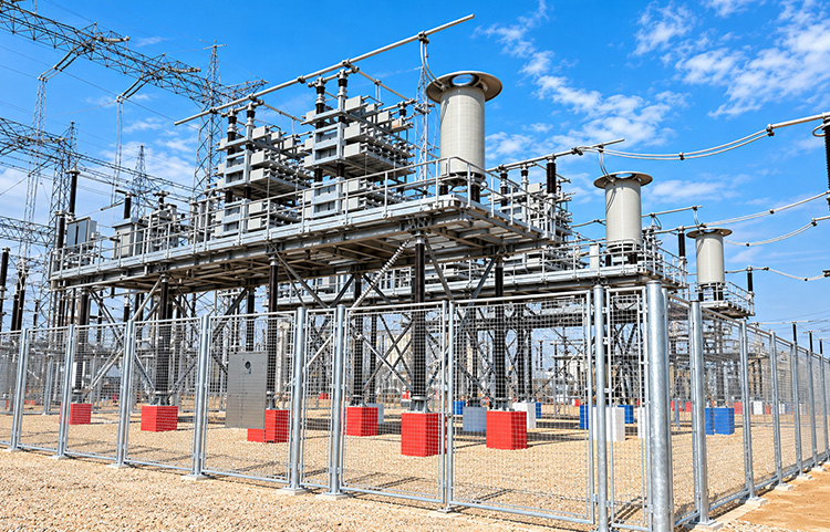 High-voltage electrical equipment at a transmission substation